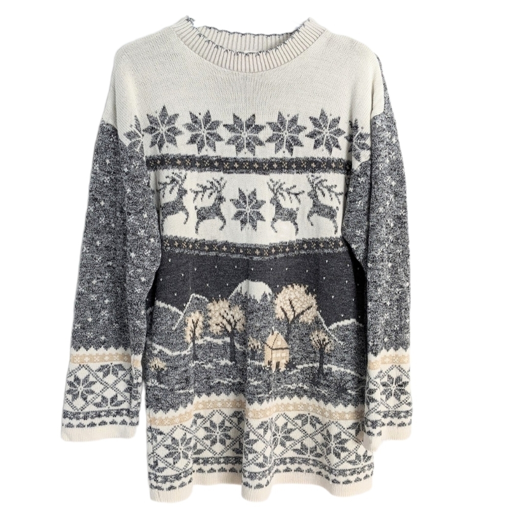 Vintage Grace long sweater arctic deers nordic landscape neutral tone Medium @M